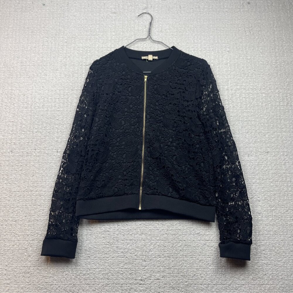 Y2K Rebellion Again Black Floral Lace Full Zip Jacket Sz L Goth Dark Romance